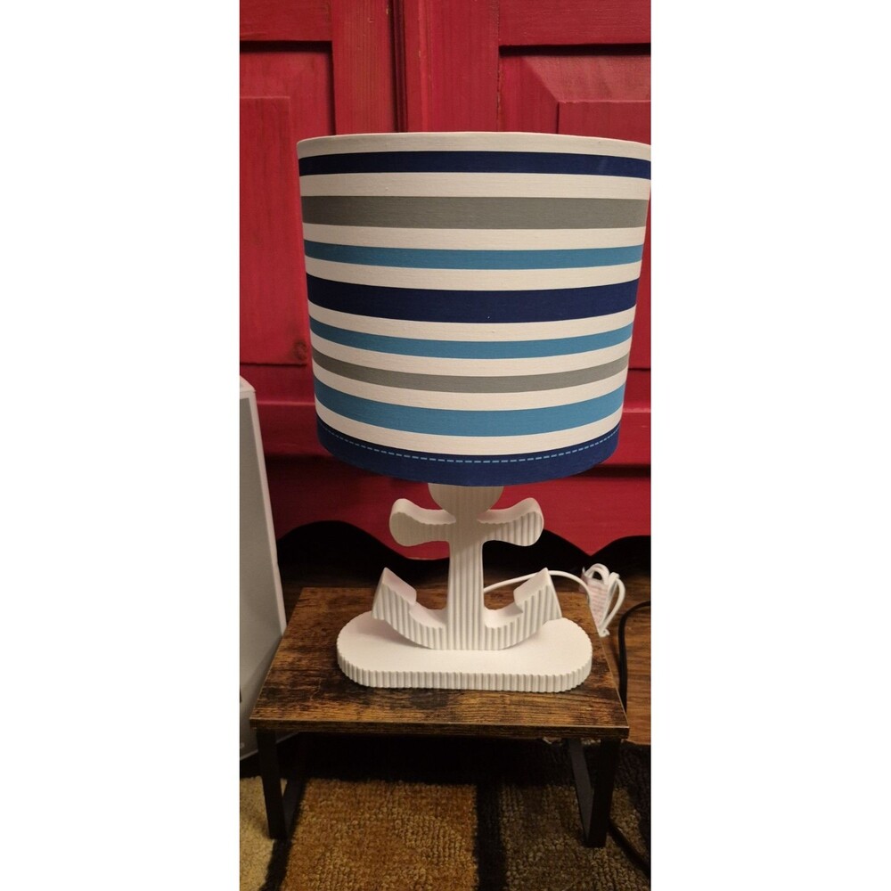 Just Born High Seas Collection Nursery Lamp Base & Shade Anchor Blue White NIB